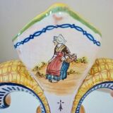 Fleur-de-lis shaped vase, glazed ceramic, Brittany, Quimper, Breton ermines, character