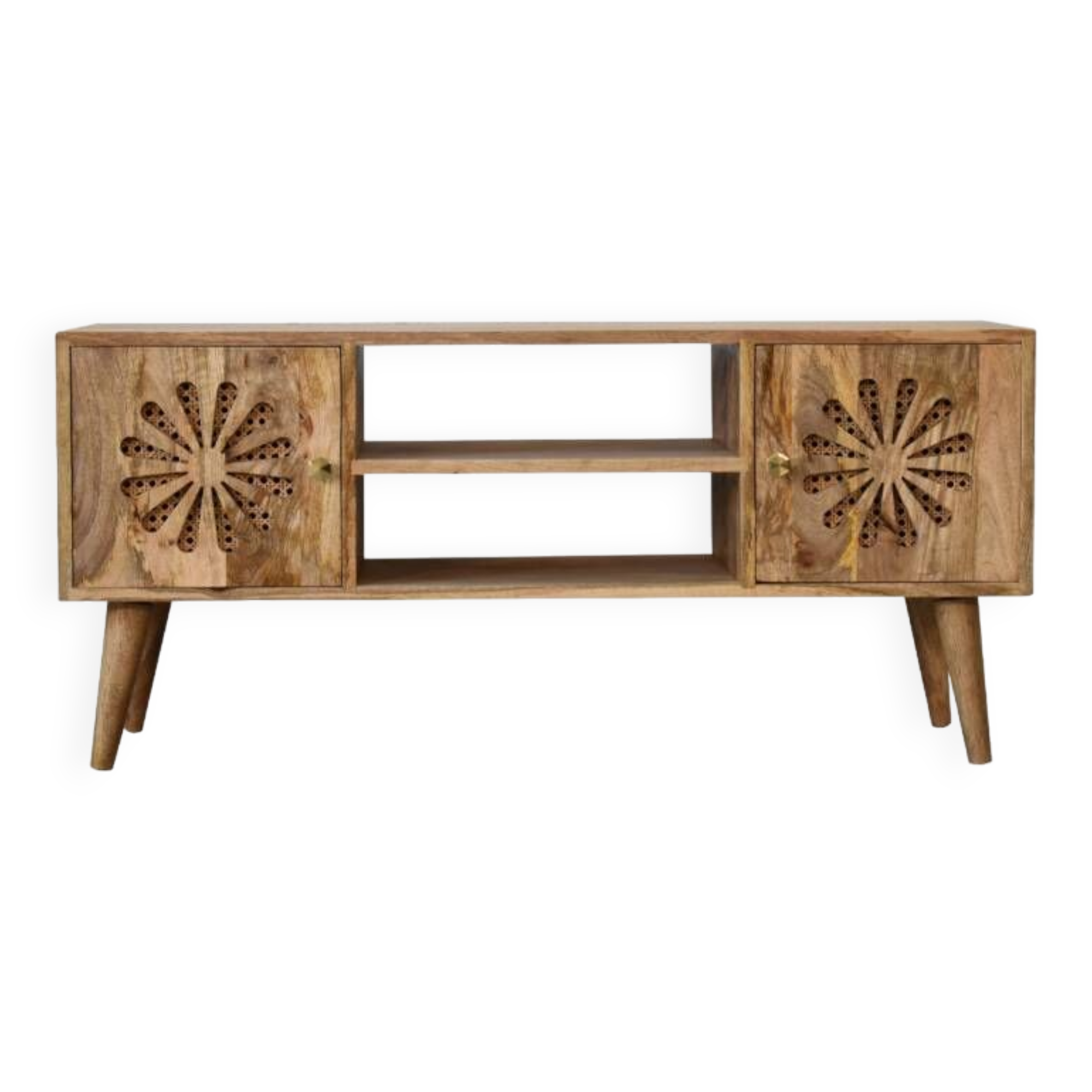 Rosalie Rattan and Solid Mango Wood Media Unit, Modern Console with Cut-Out Petal Design, Brass Knob