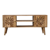 Rosalie Rattan and Solid Mango Wood Media Unit, Modern Console with Cut-Out Petal Design, Brass Knob