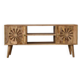 Rosalie Rattan and Solid Mango Wood Media Unit, Modern Console with Cut-Out Petal Design, Brass Knob