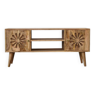 Rosalie Rattan and Solid Mango Wood Media Unit, Modern Console with Cut-Out Petal Design, Brass Knob