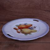 Set of 7 dessert plates and a cake stand with fruit patterns.