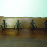 Wooden wall coat rack and its 4 wrought iron hangers, 60s