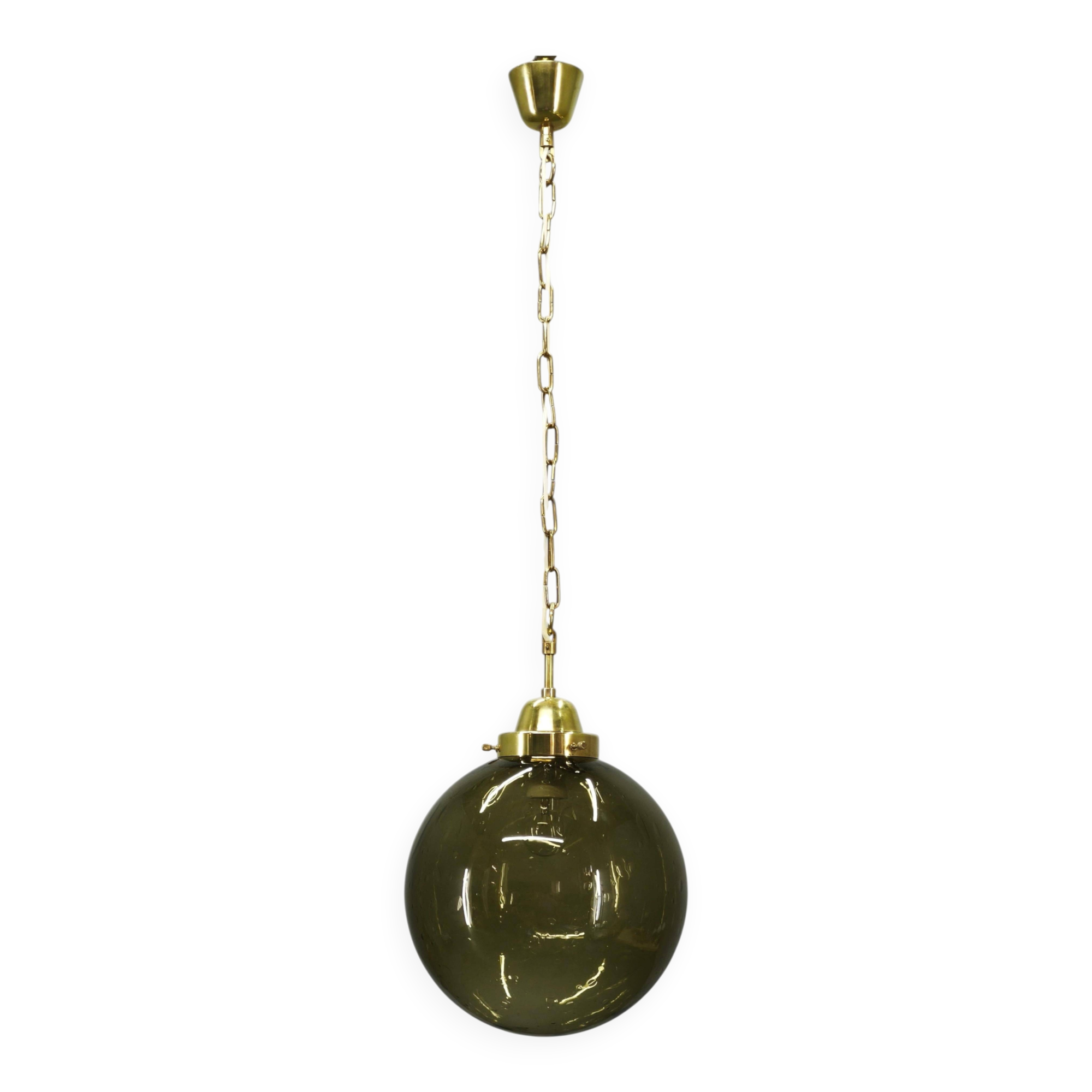 1970s Czech Smoked Glass Globe and Brass Pendant Light