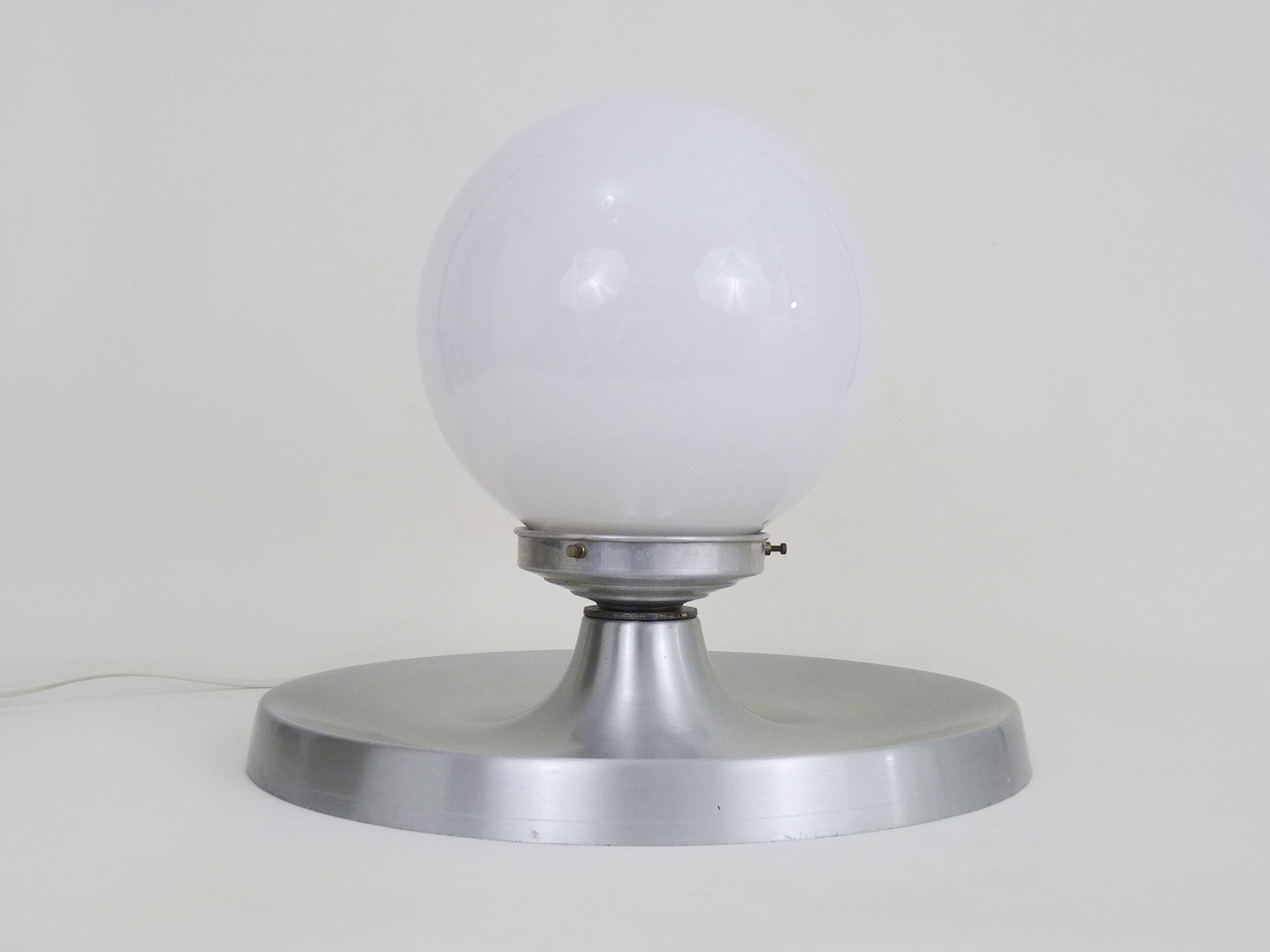 Brushed metal bedside lamp and white opaline globe, year 70