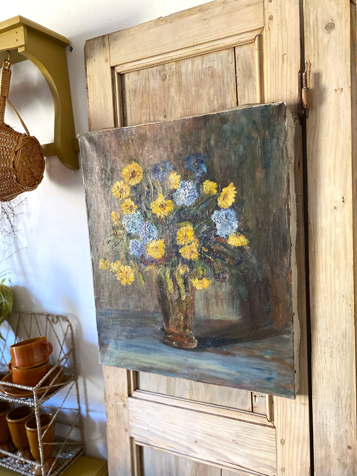 Oil on canvas, bouquet of yellow and blue flowers, mid-20th century.