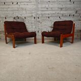 Pair of armchairs in pine and velvet