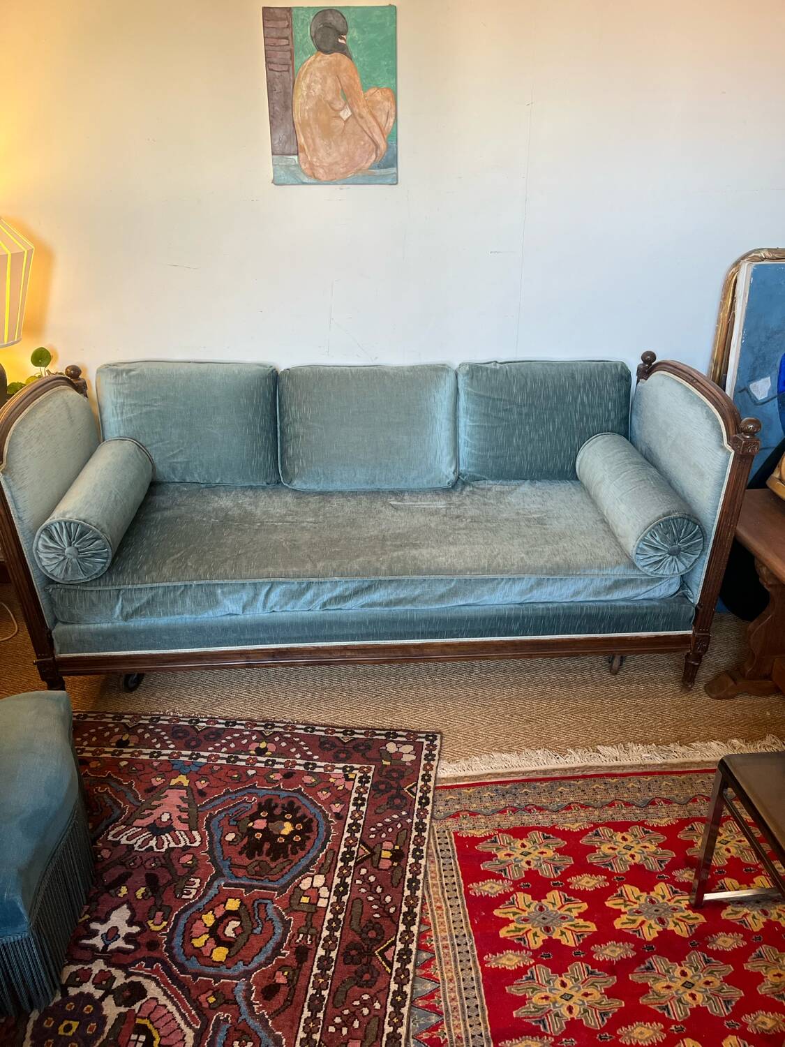 Vintage Louis XVI style blue velvet sofa