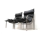 2x Vintage black leather armchair by Strässle HE1106 designed by Hans Eichenberger