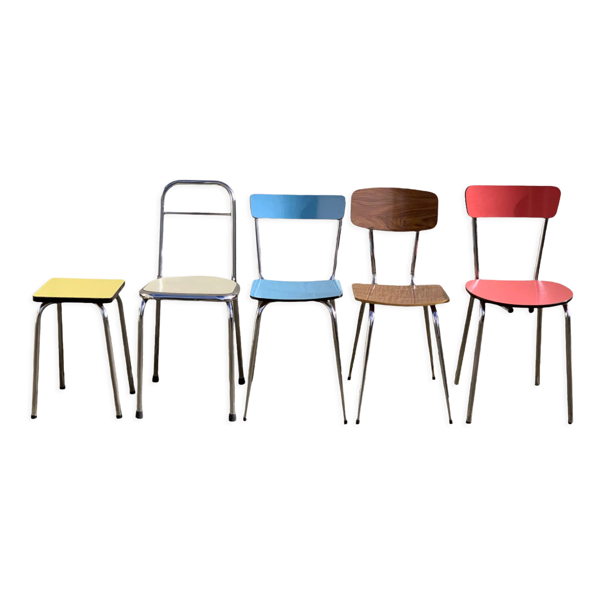 Mismatched formica chairs and stool 1960