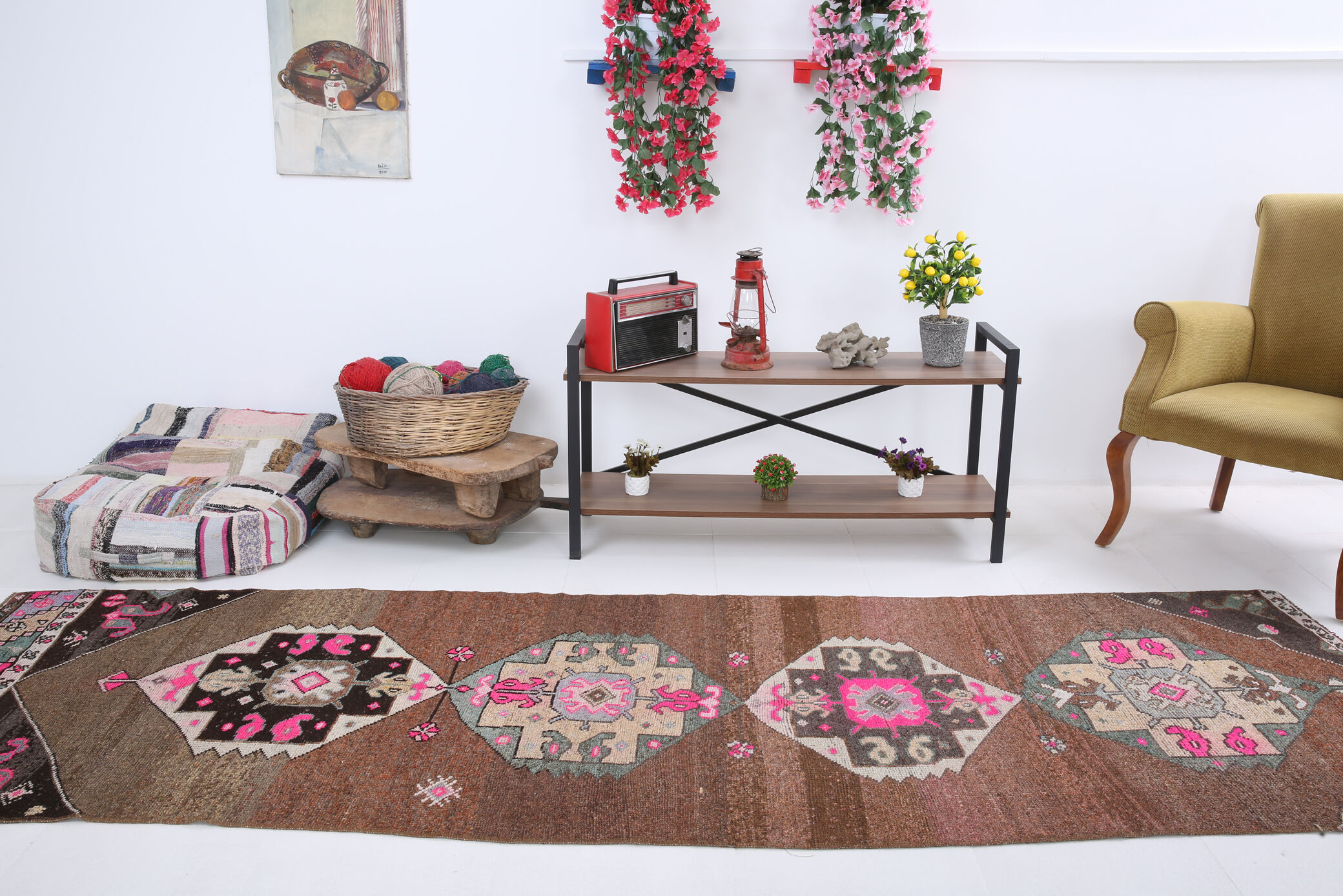 Geometric brown oushak runner rug, 97x326cm