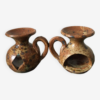 Duo of brown stoneware tealight holders with handle