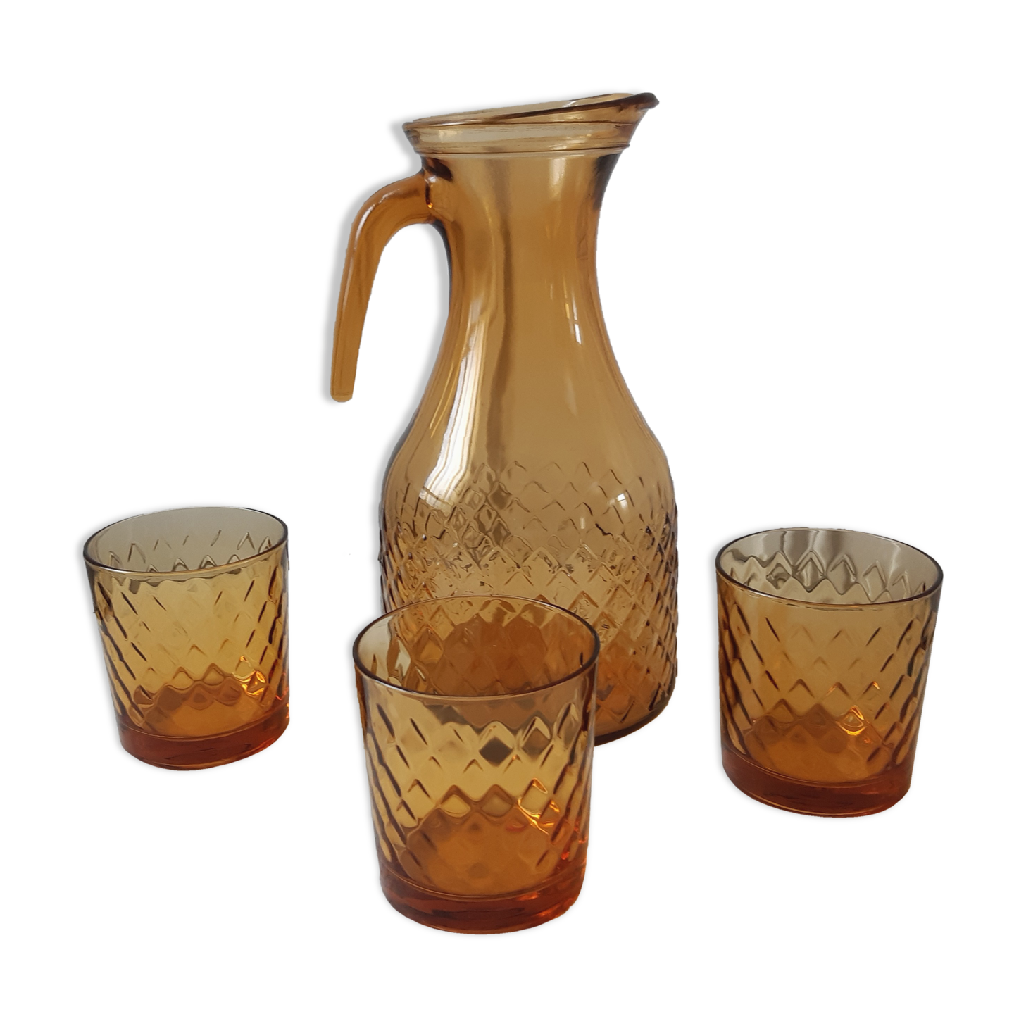 Set of carafe and 3 amber whisky glasses 70s