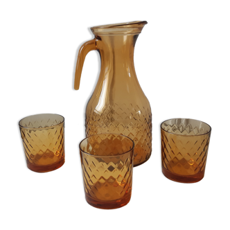 Set of carafe and 3 amber whisky glasses 70s