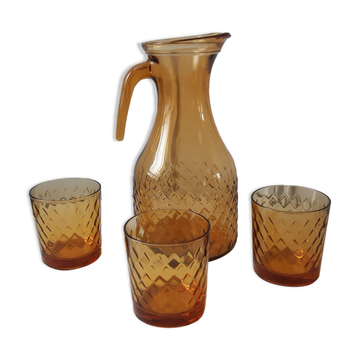 Set of carafe and 3 amber whisky glasses 70s