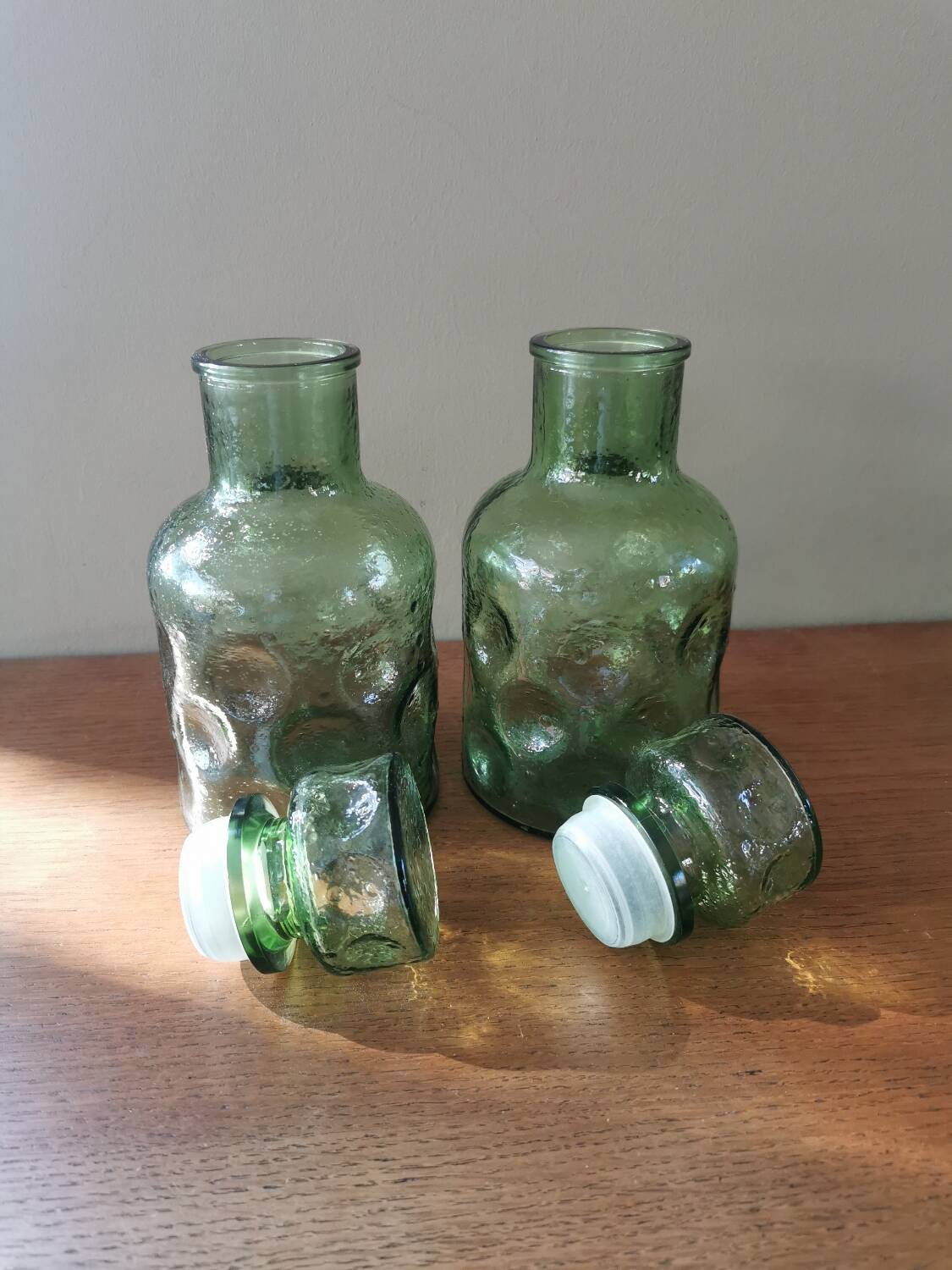 Pair of vintage 70s grainy glass carafes