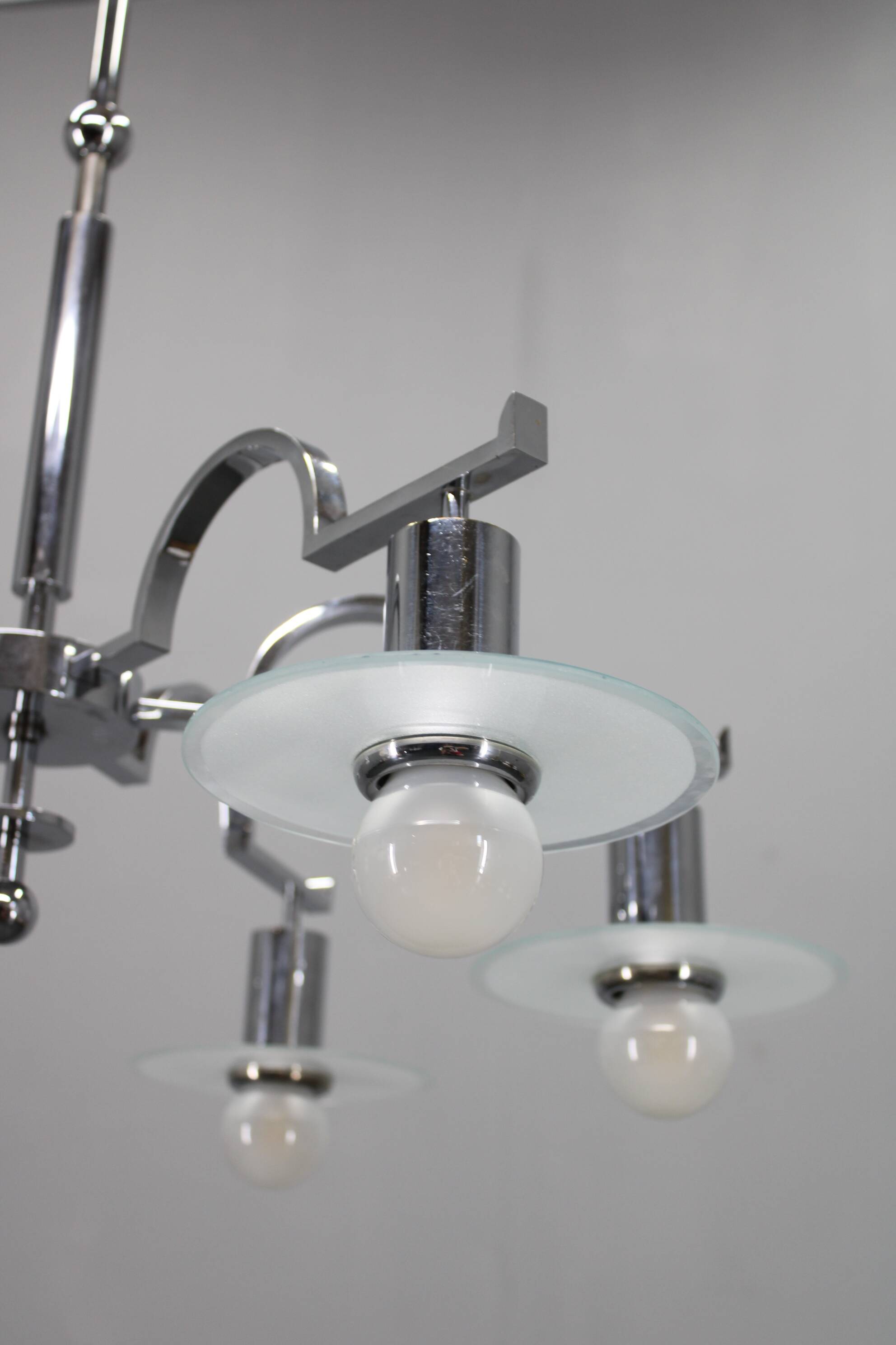 Art Deco chrome chandelier with 6 sandblasted glass discs, Czechoslovakia 1930s