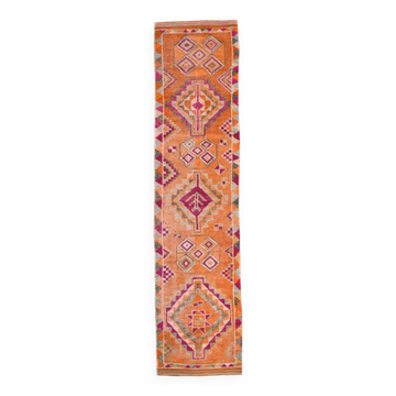 3x11 Pumpkin Orange Vintage Runner Rug, Wool Runner Rug, 77x326Cm