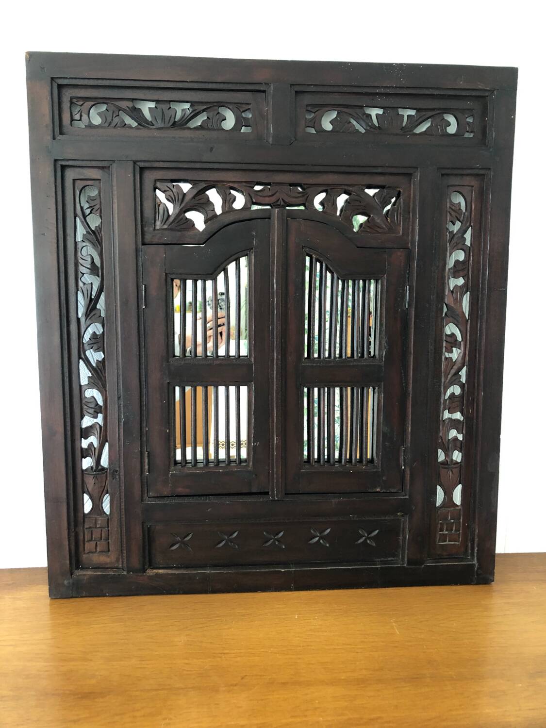 Vintage Indonesian teak shuttered mirror