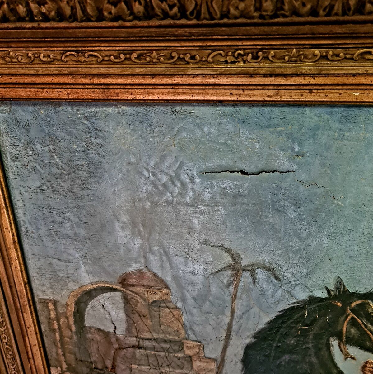 Peinture orientale d’un cheval avec une personne par Alexis de Reus 1908