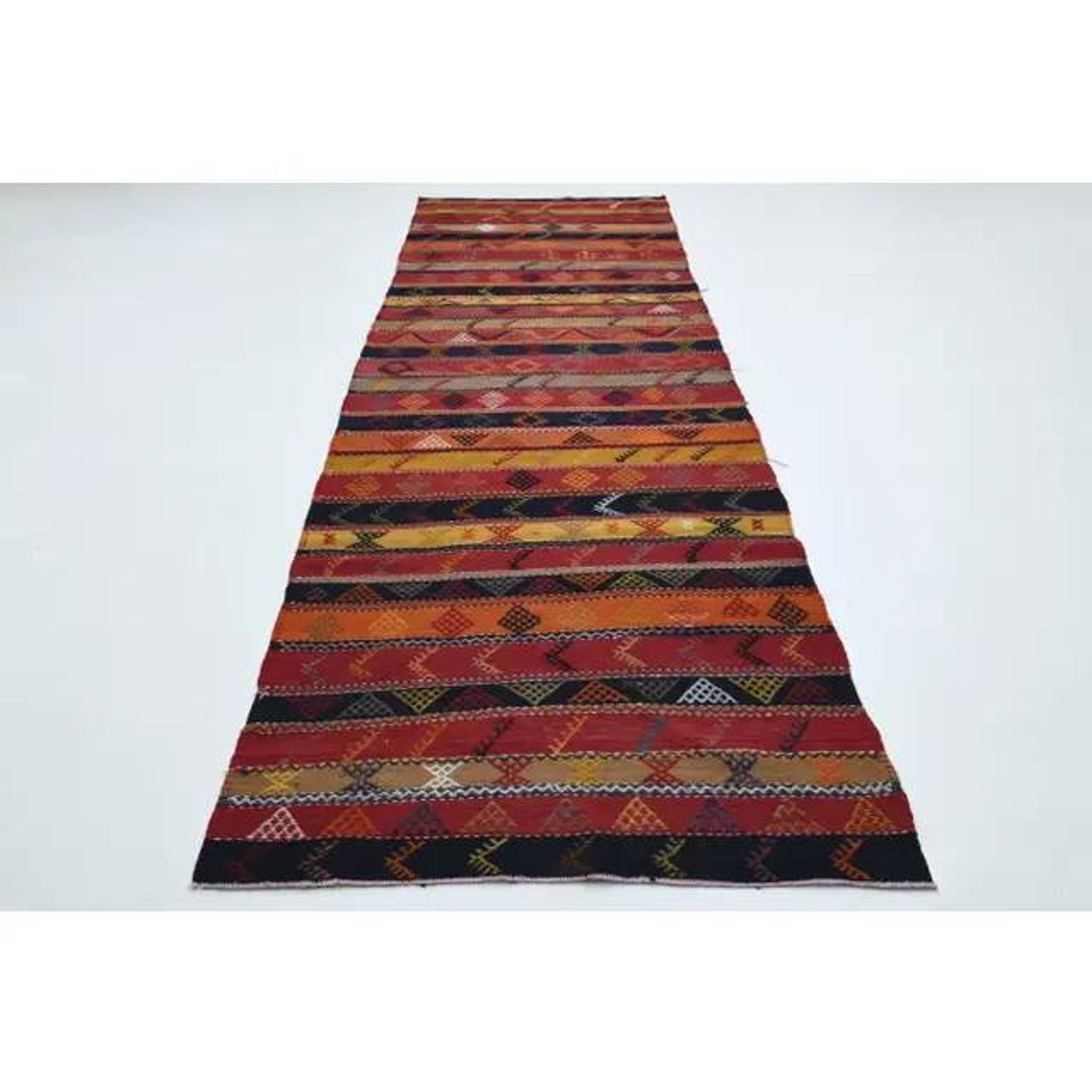 1970s Vintage Turkish Oushak Handmade Wool Cotton Red Runner Rug 124x382