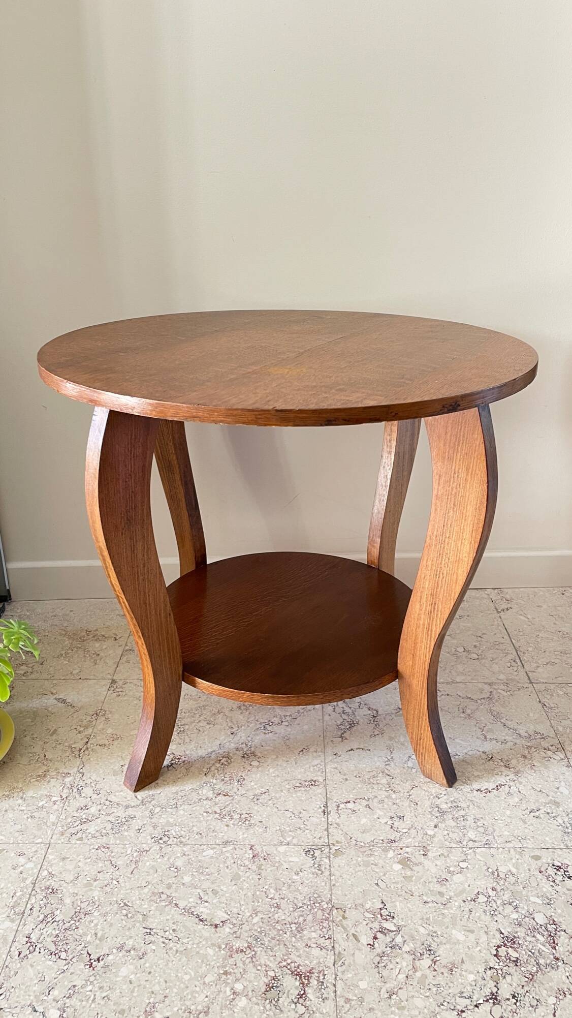 Vintage round oak coffee table with 2 shelves