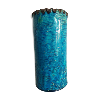 Vase rouleau à glaçure bleue signé Triki