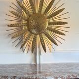 Large golden hammered metal sun wall light with a diameter of 90 cm from the year