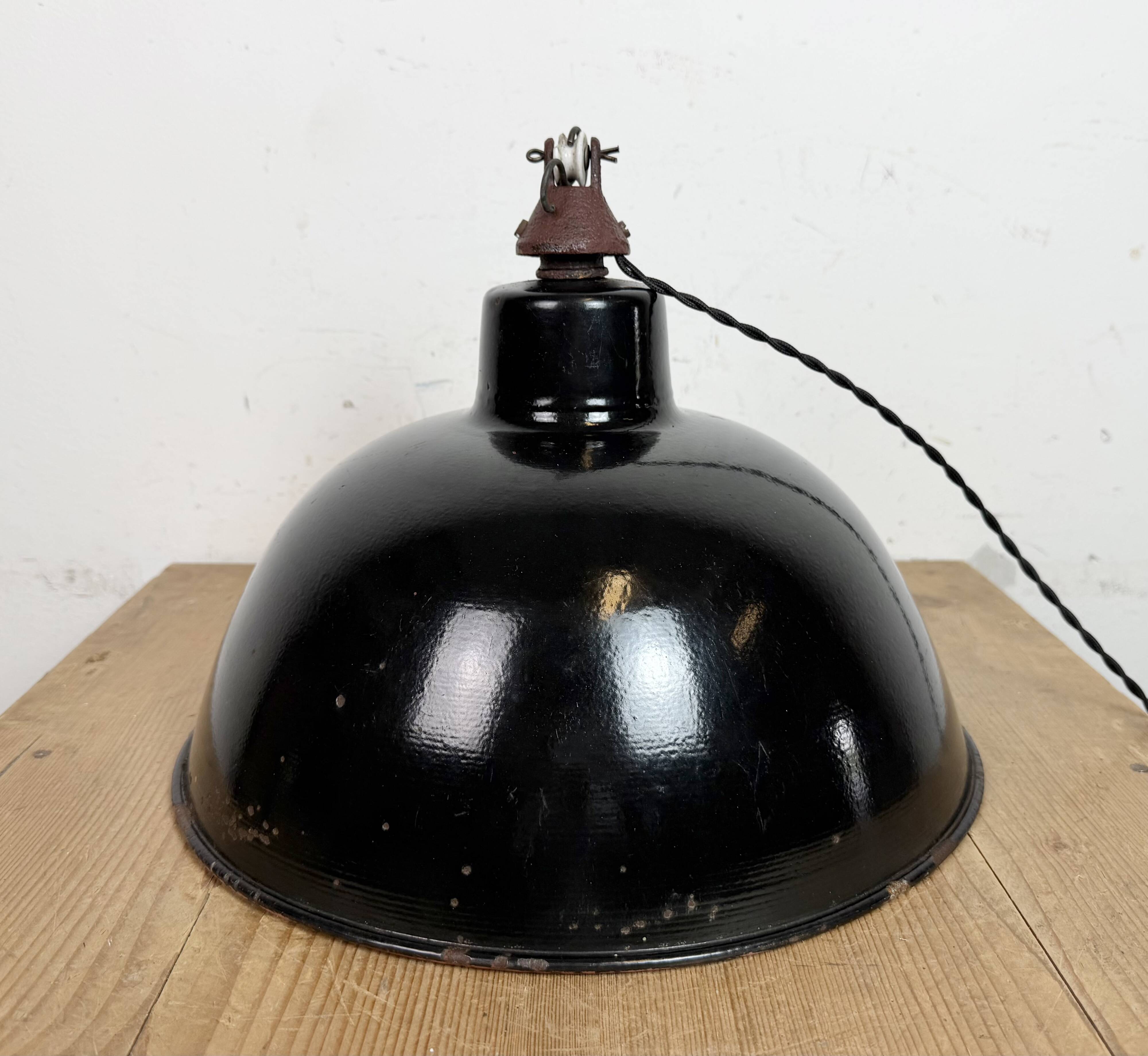 East German Black Enamel Factory Light by LBD Veb Leuchtenbau Dresden, 1950