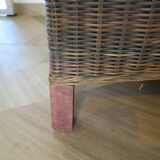 2 colonial-style armchairs in woven rattan and exotic wood