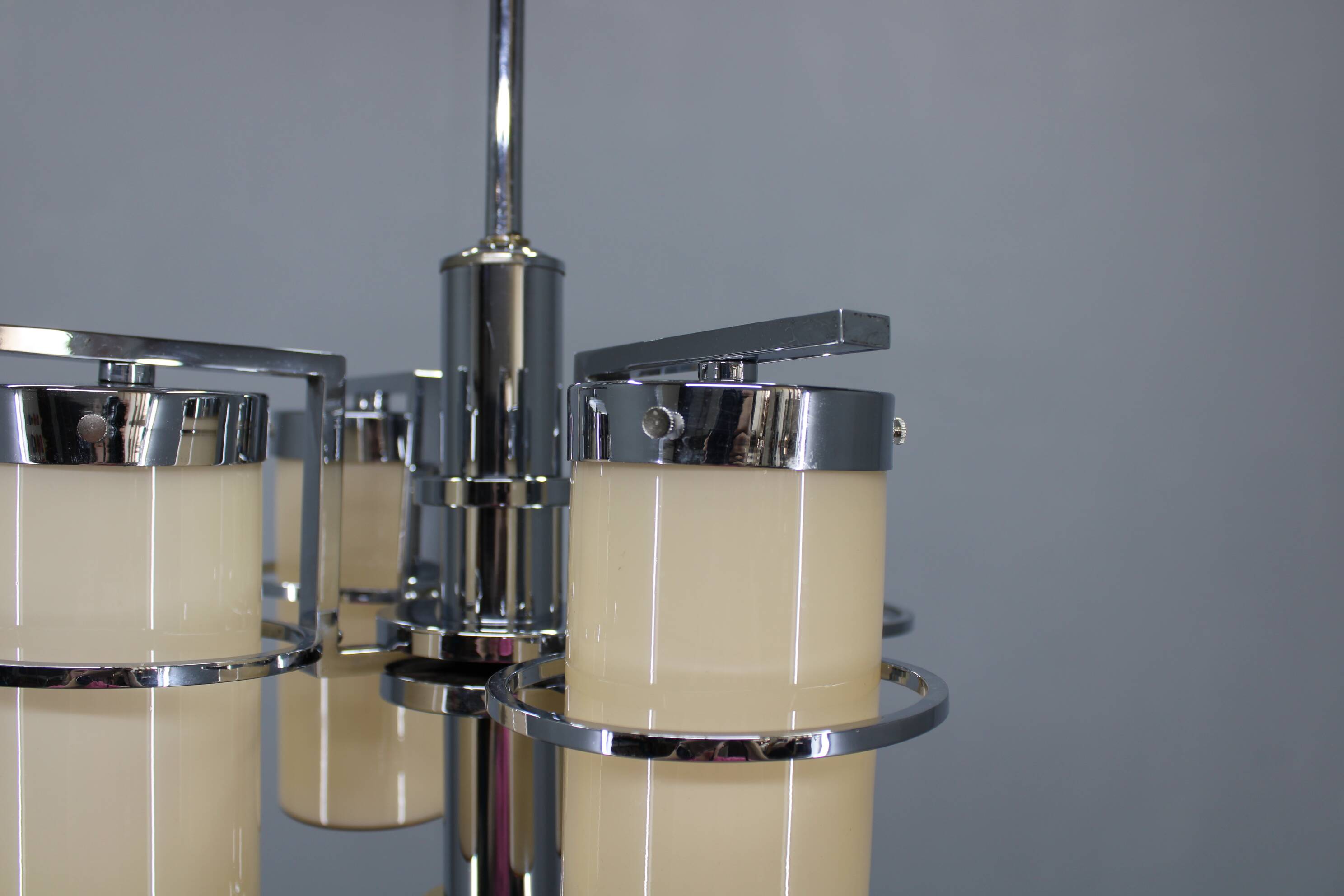 Restored Bauhaus/Art Deco chrome & glass chandelier, Czechoslovakia, 1930s