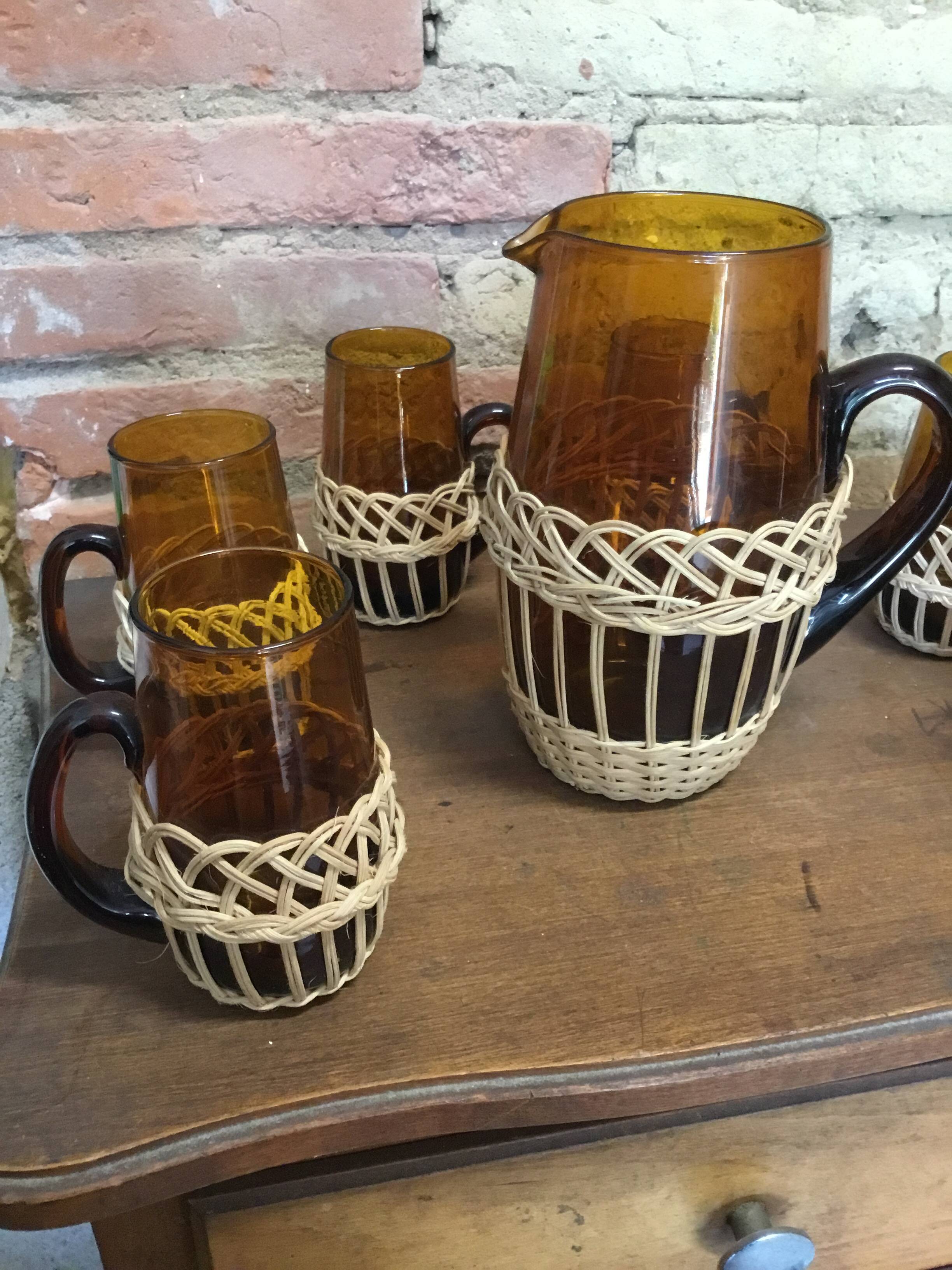 Service a orangeade verre marron et osier