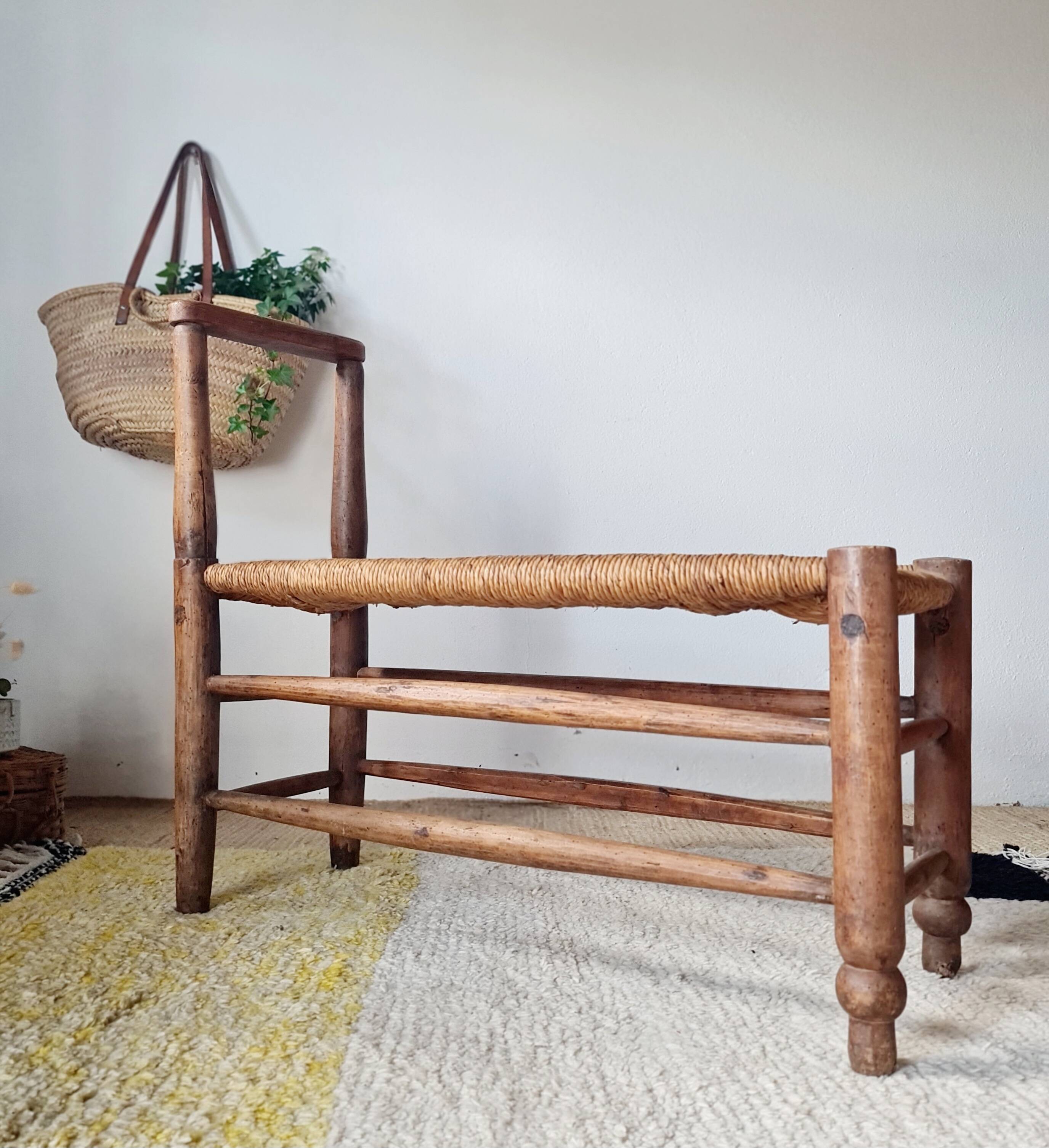Turned wooden bench and straw - 1950s