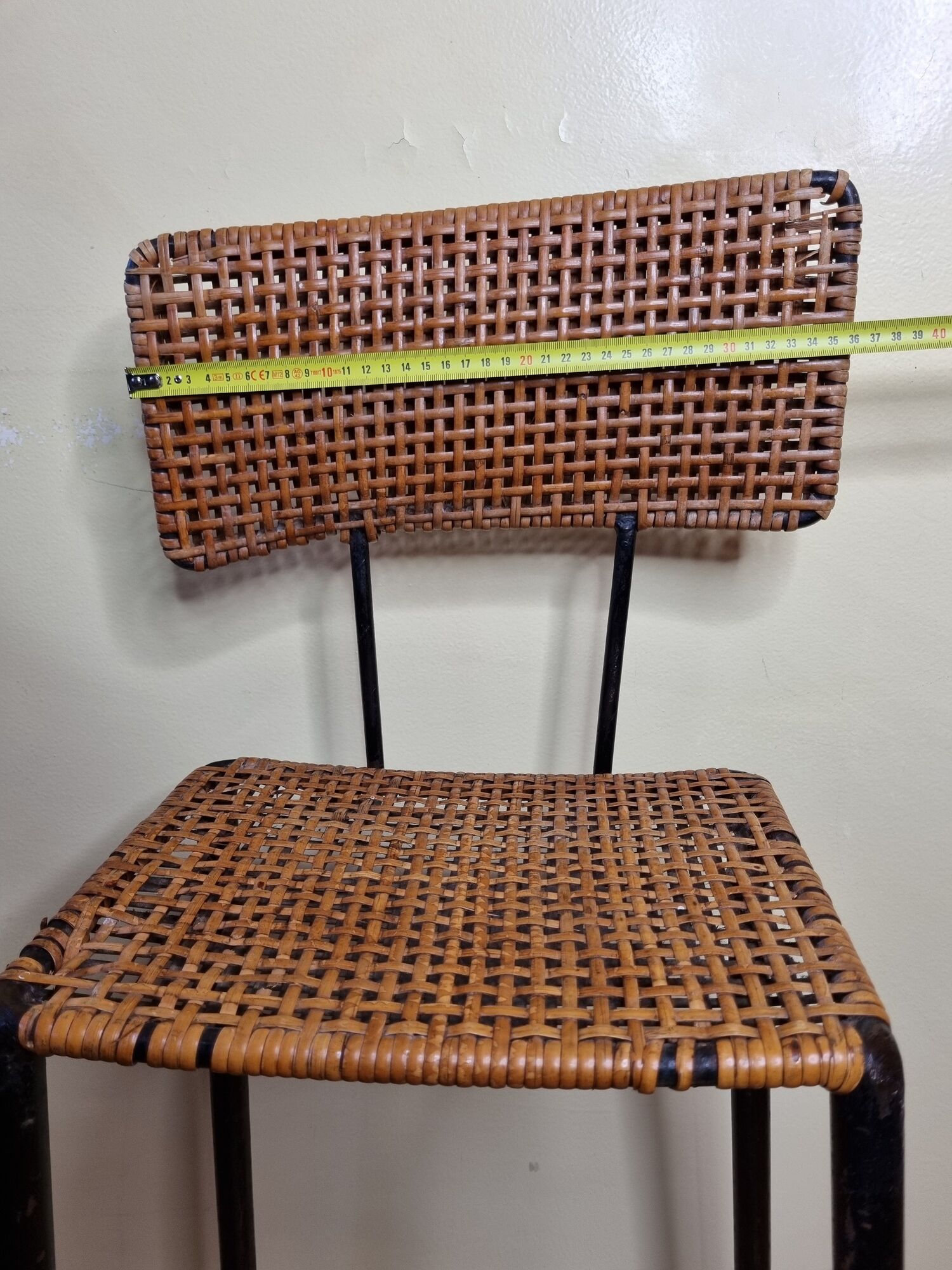 Bar stool in steel and braided wicker, design of the 50s, 92 cm