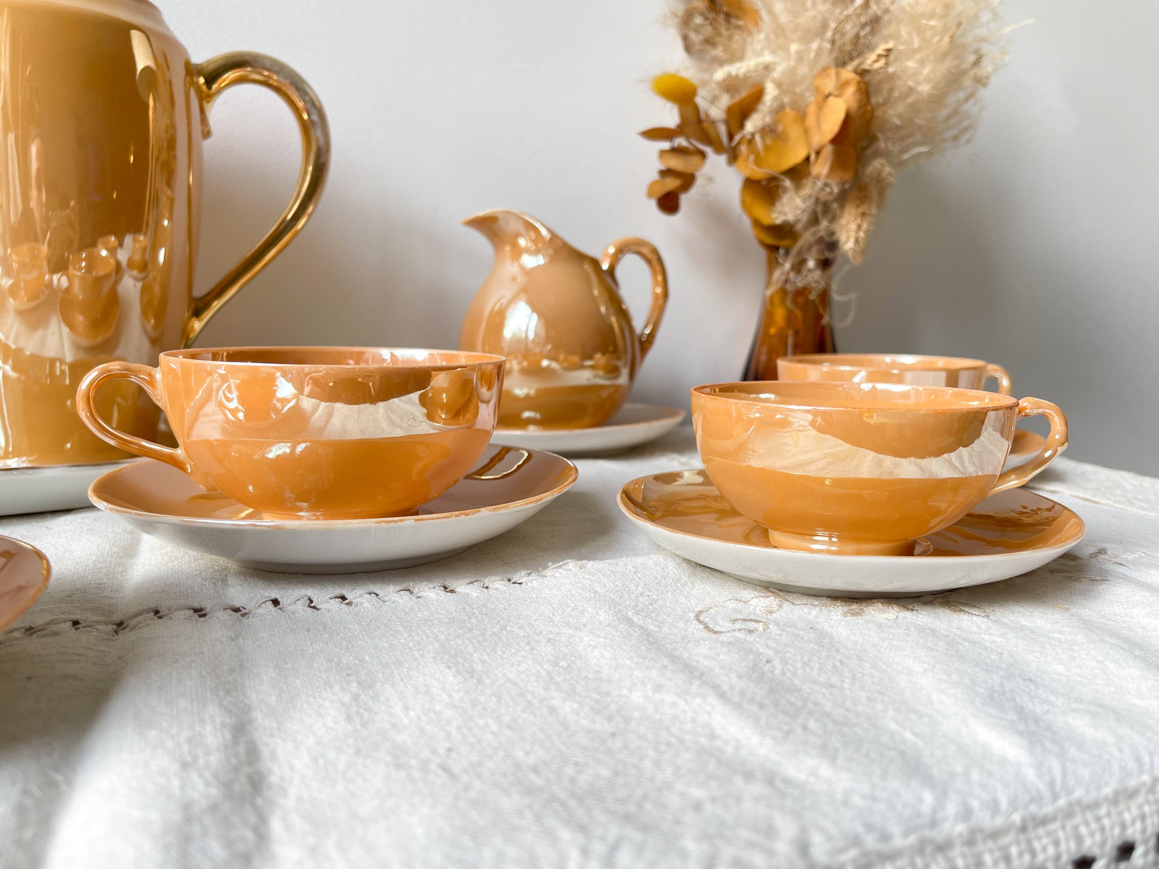 Vintage Czecho-Slovakia Victoria China Iridescent Peach Lustre Tea Set 1950s