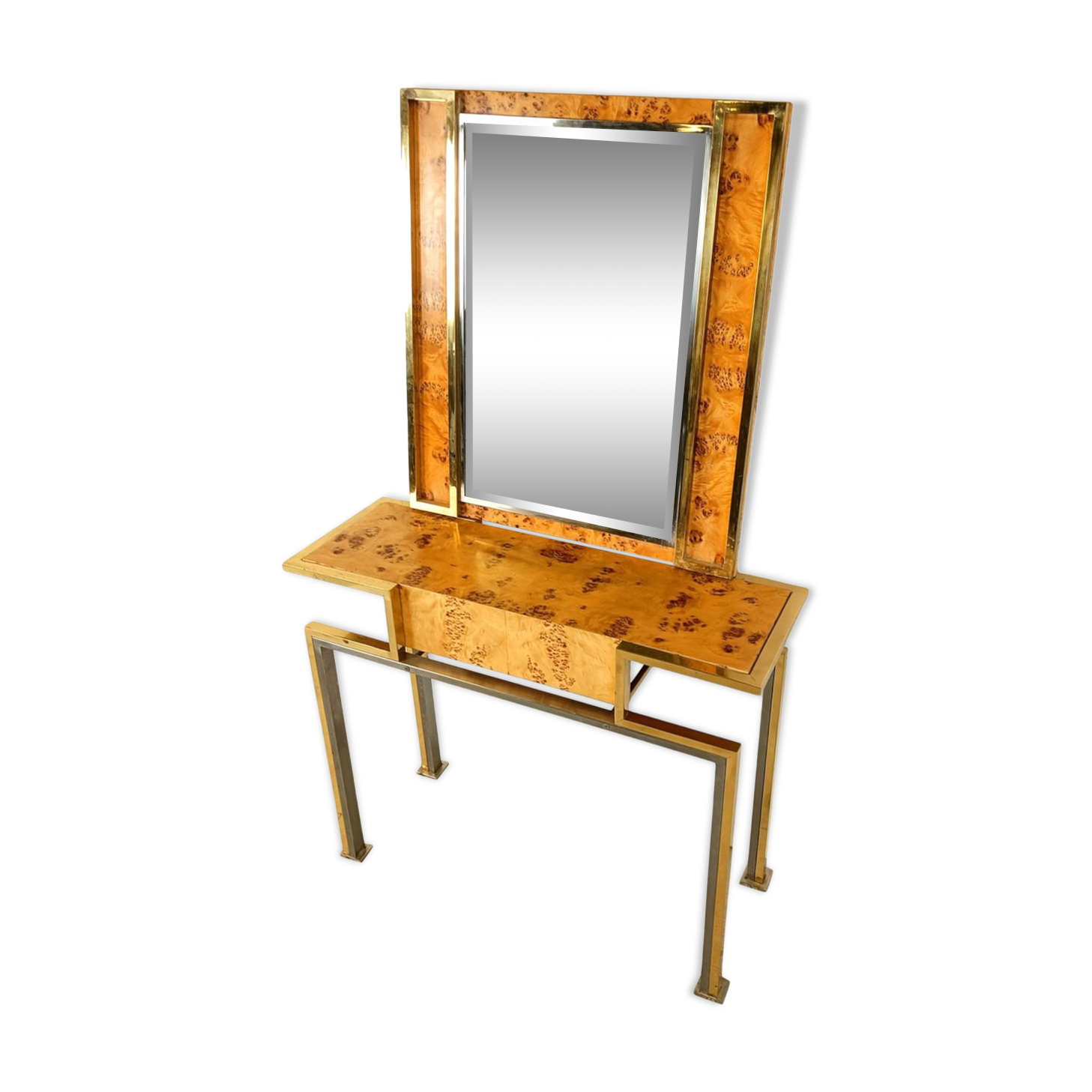 Vintage burl wood console with mirror, 1970s