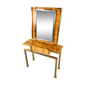 Vintage burl wood console with mirror, 1970s