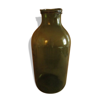 Ancien bocal en verre soufflé vert et brun orangé XIX ème