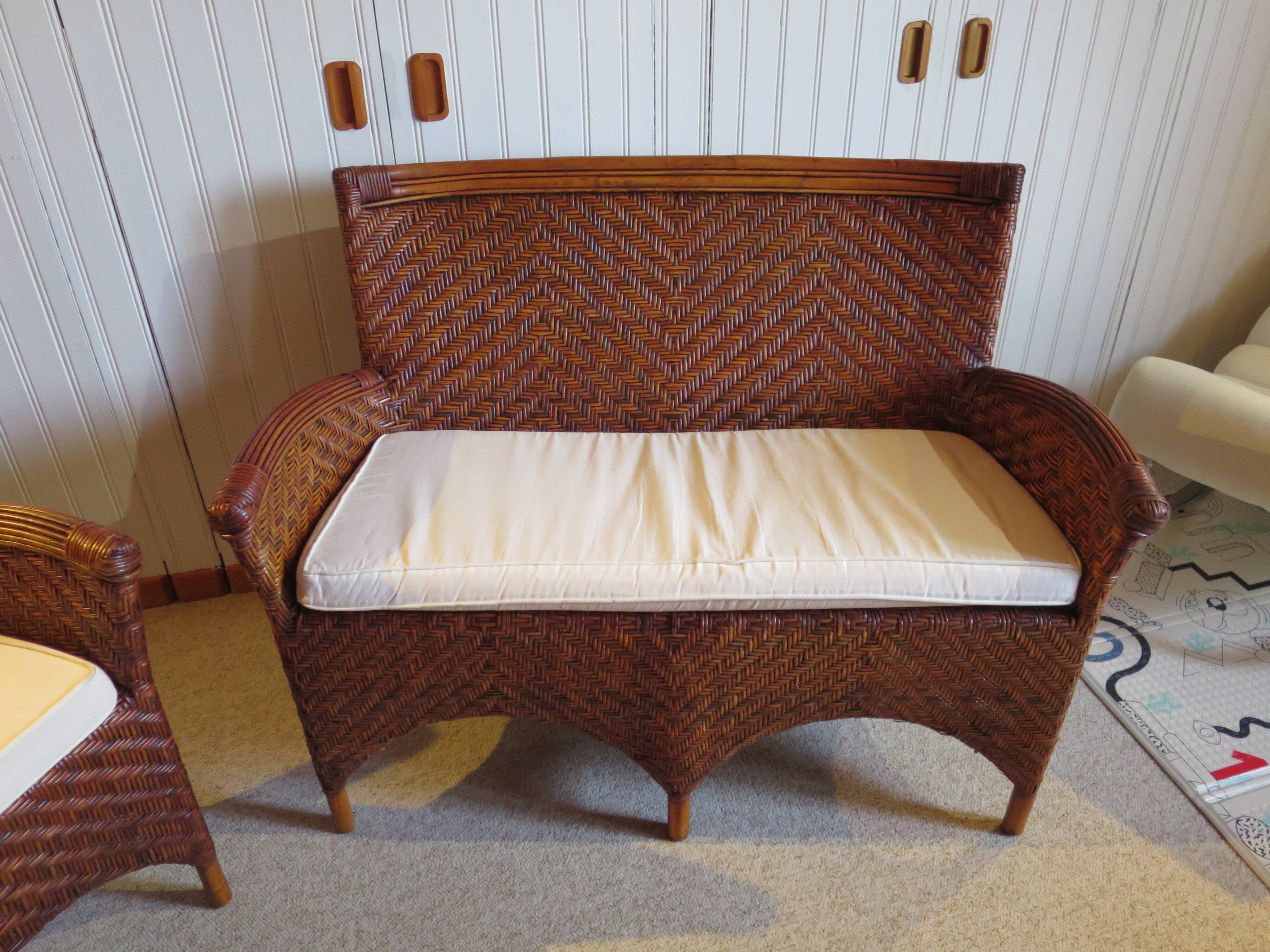 Two-seater banquette in woven rattan, wood and bamboo, 1980s.
