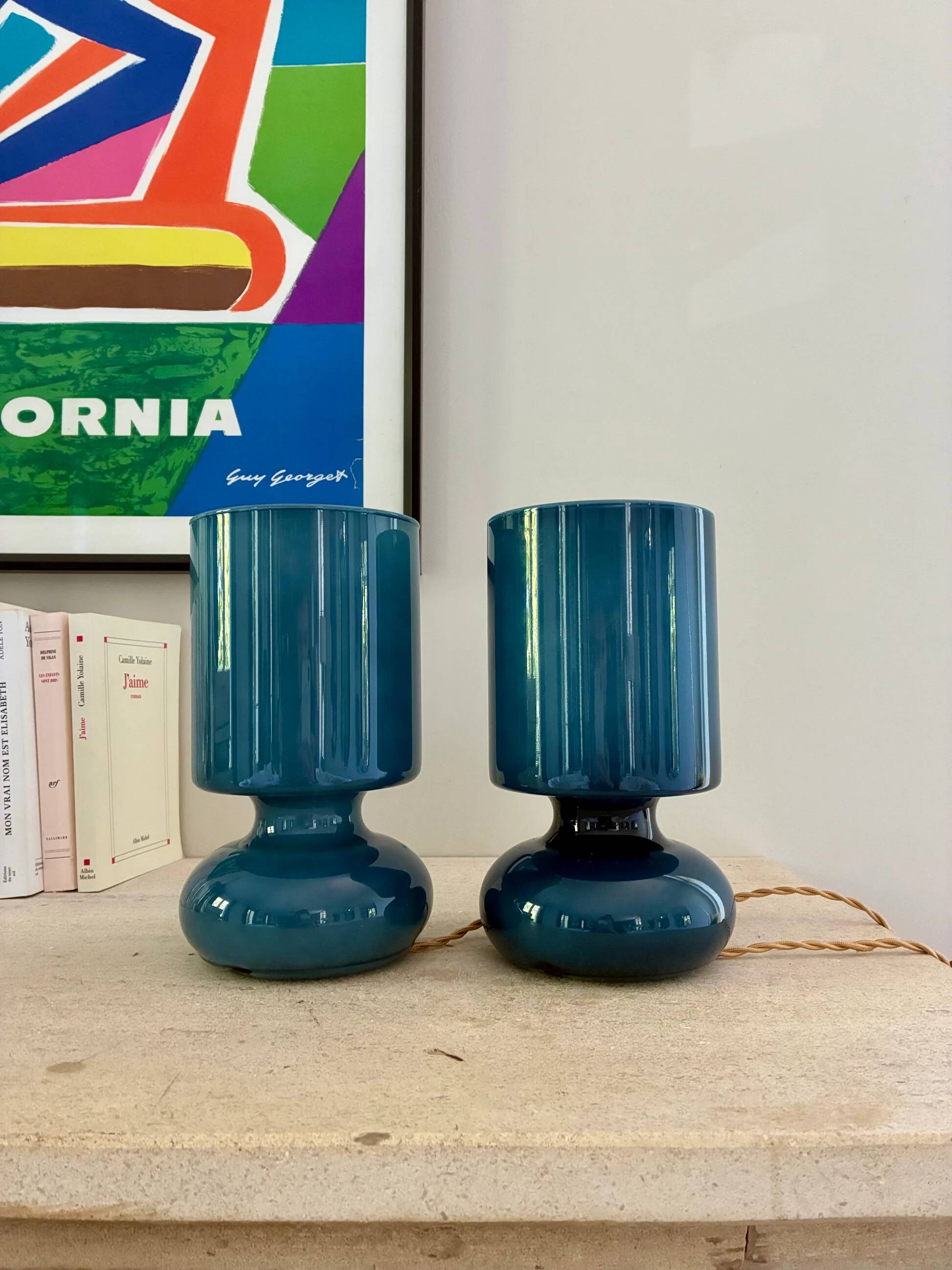 Pair of "Space Age" blue glass bedside lamps, 1980s