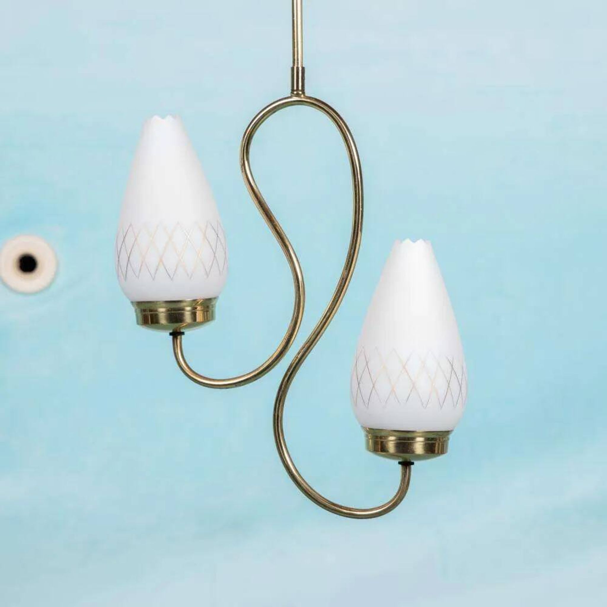 1950s Swedish mid-century suspension, vintage opaline lamp.