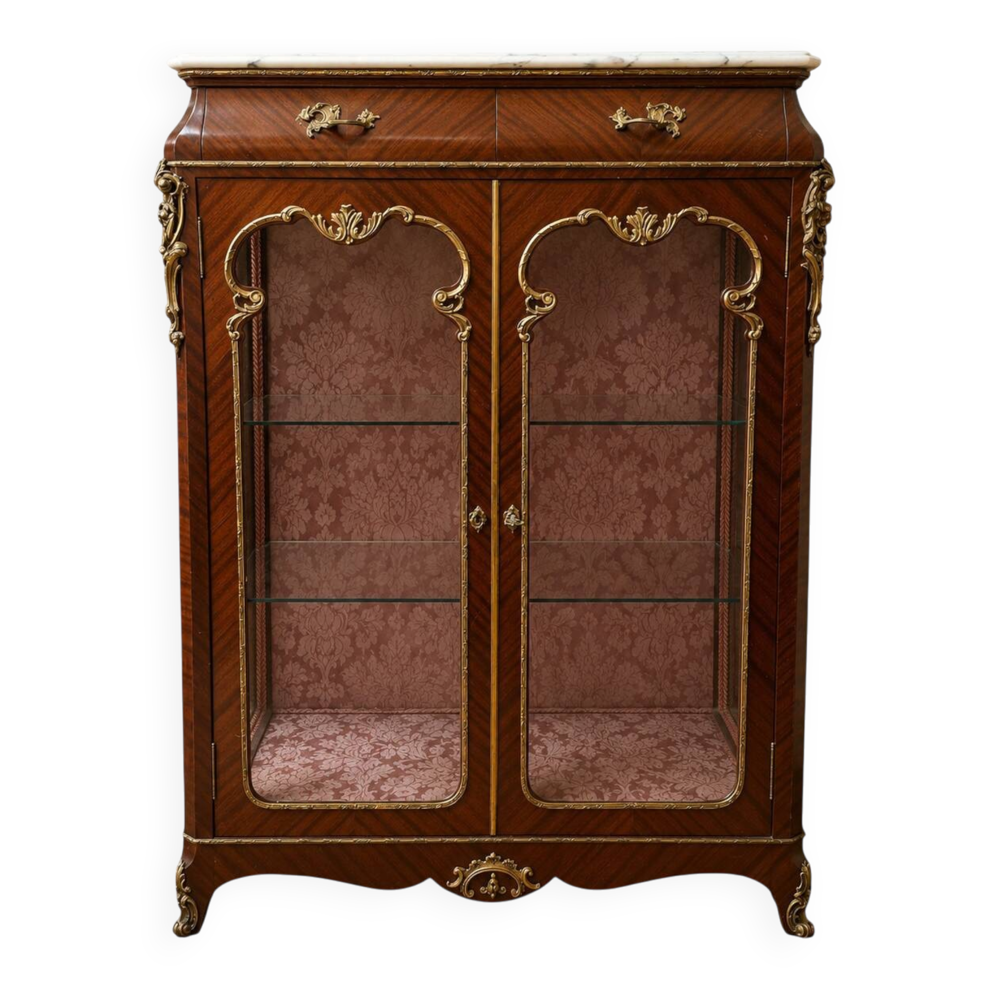 Support display cabinet from the Napoleonic III era in mahogany, gilded bronze, and white marble.