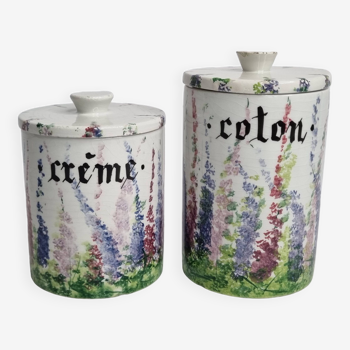Set of glazed ceramic toilet jars with lavender decoration, Italy