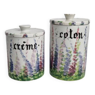 Set of glazed ceramic toilet jars with lavender decoration, Italy