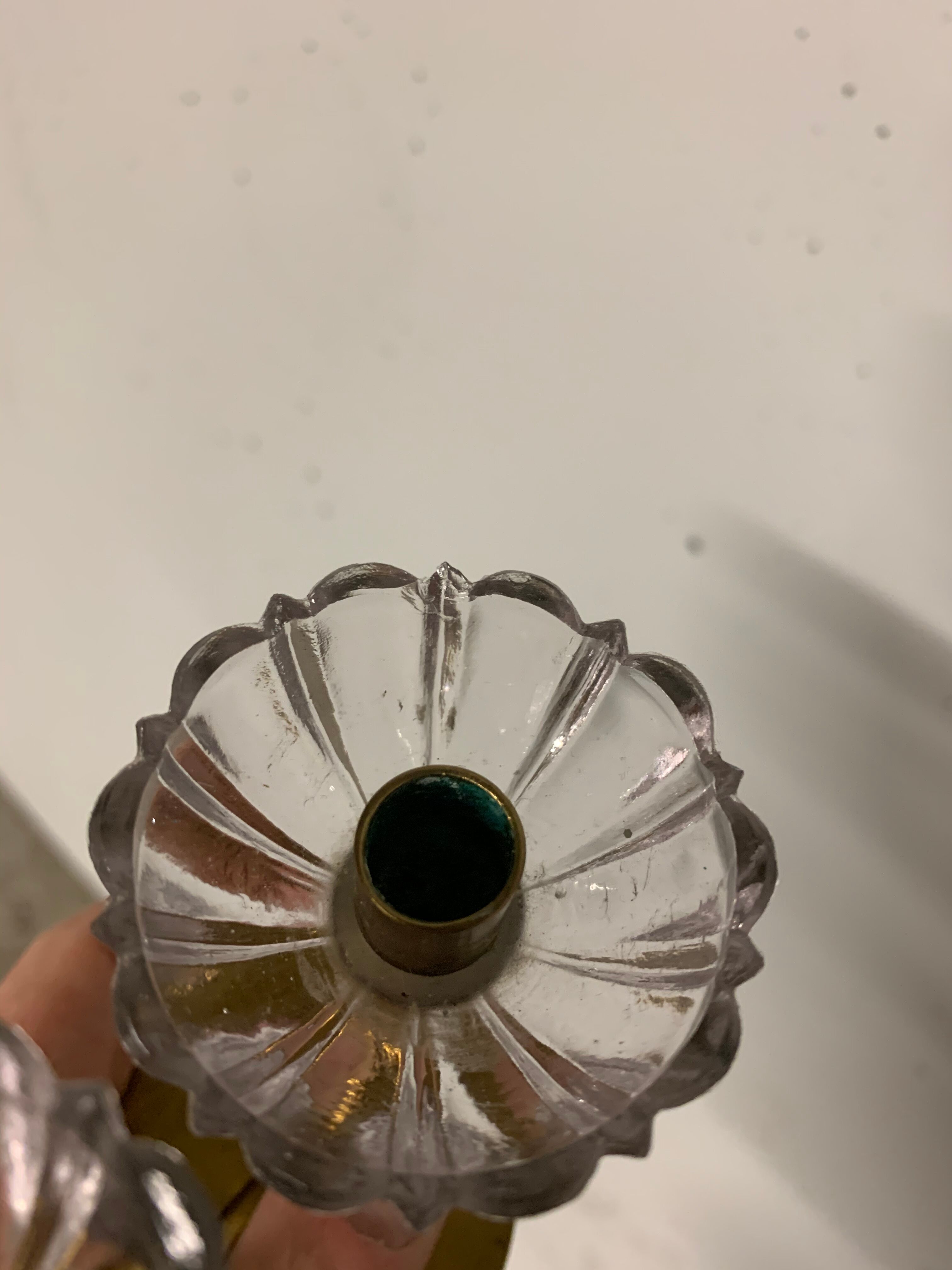 Pair of Scandinavian candlesticks made of brass and glass