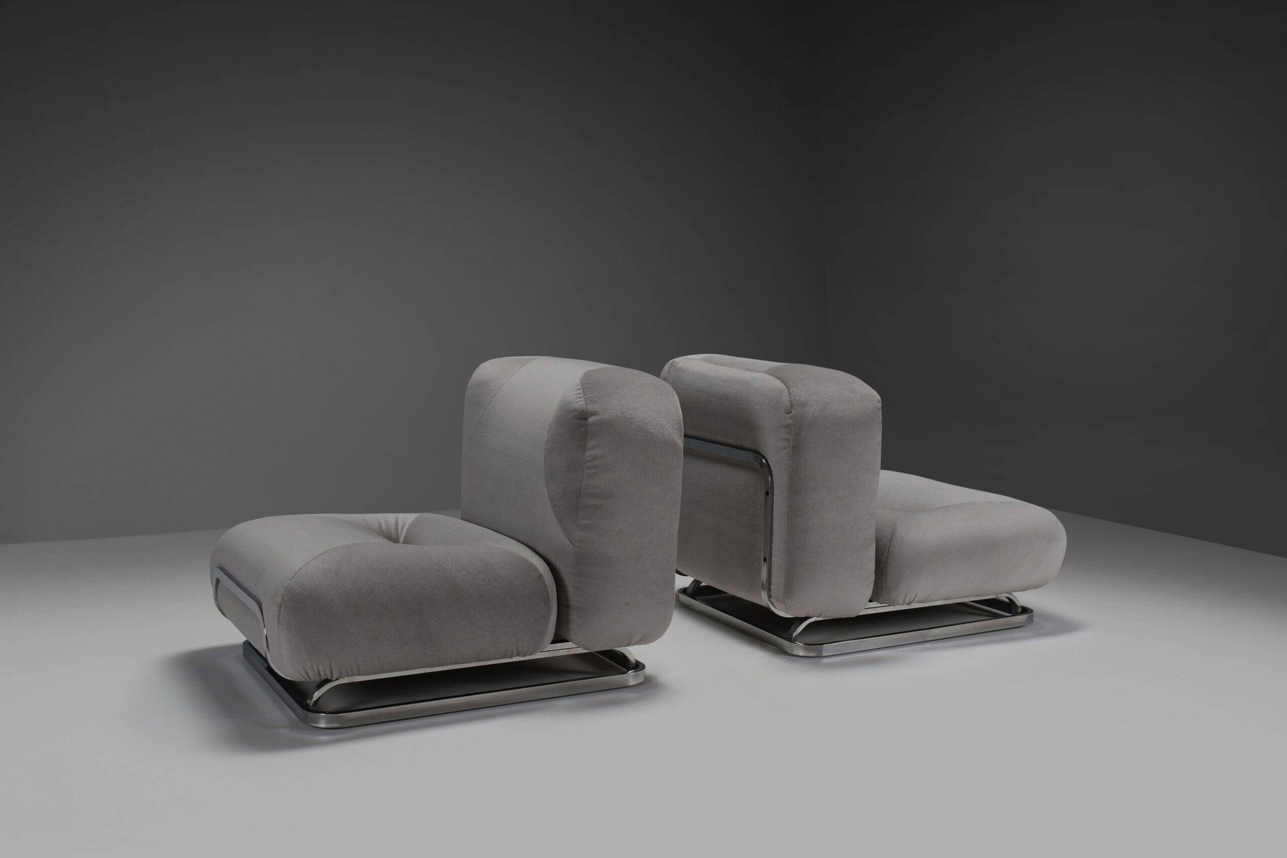 Mohair and chrome lounge chairs designed by Malchioro for IPE, Italy 1970s