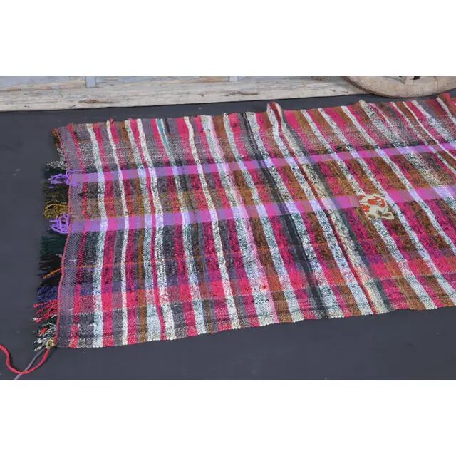 Vintage Turkish Hand-Knotted Wool Cotton Purple Kilim Runner Rug 125x322