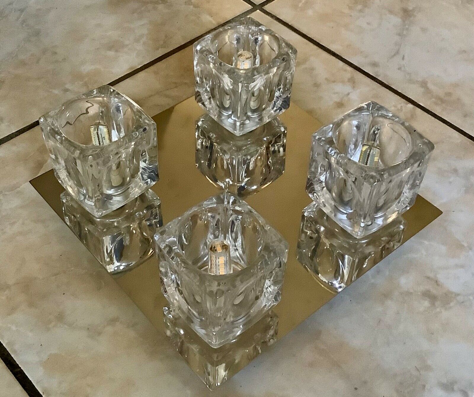 Lot of 2 wall appliques 4 chrome metal lights - moulded glass