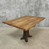 Antique oak dining table on cast iron base 93 x 123 cm