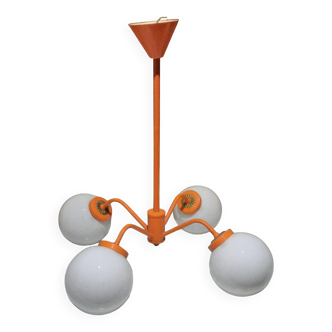 Suspension 4 feux en métal orange et opaline